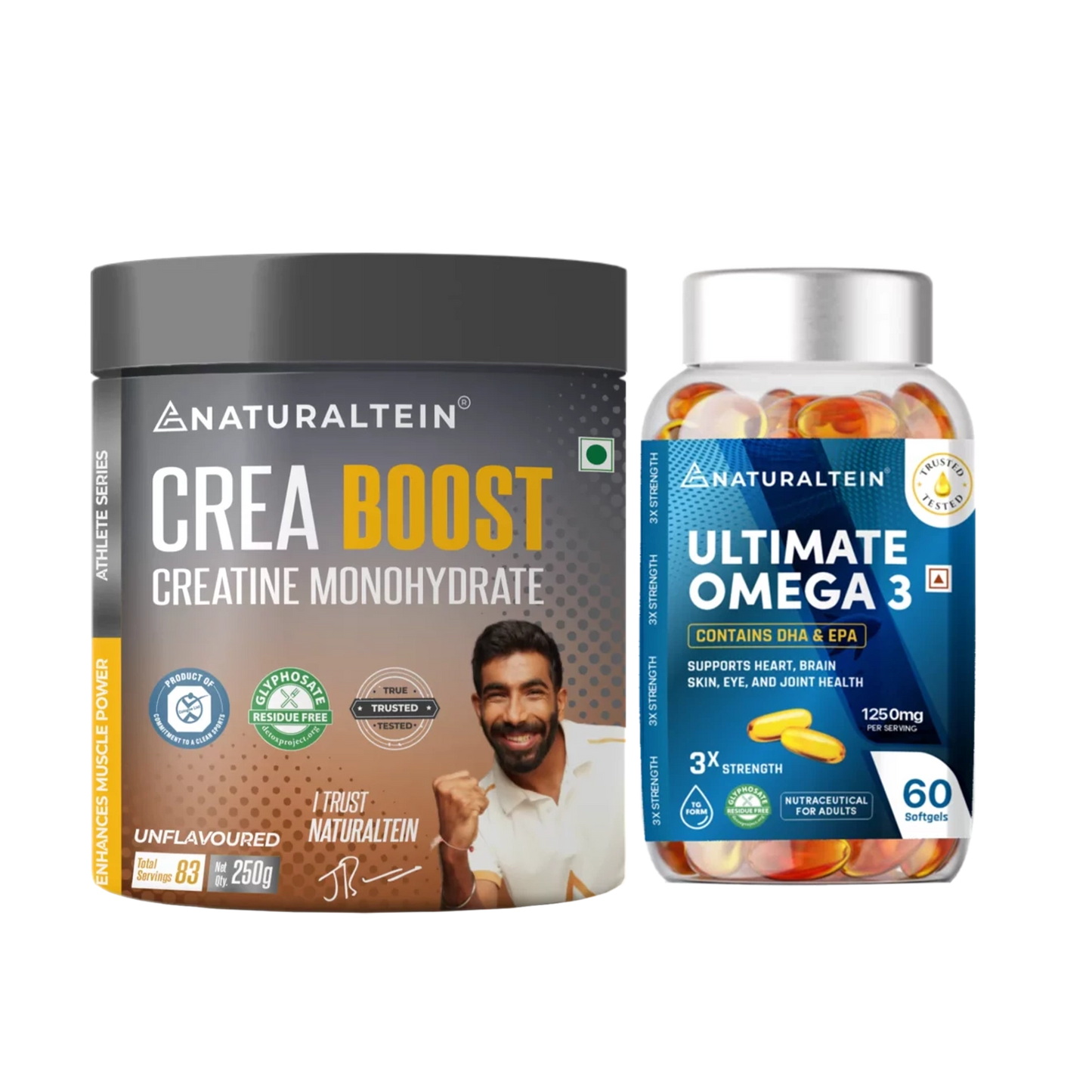 Great Value Deal – CREA BOOST Creatine Monohydrate Unflavoured (250g) + Omega 3 Triple Strength (60 Softgels)