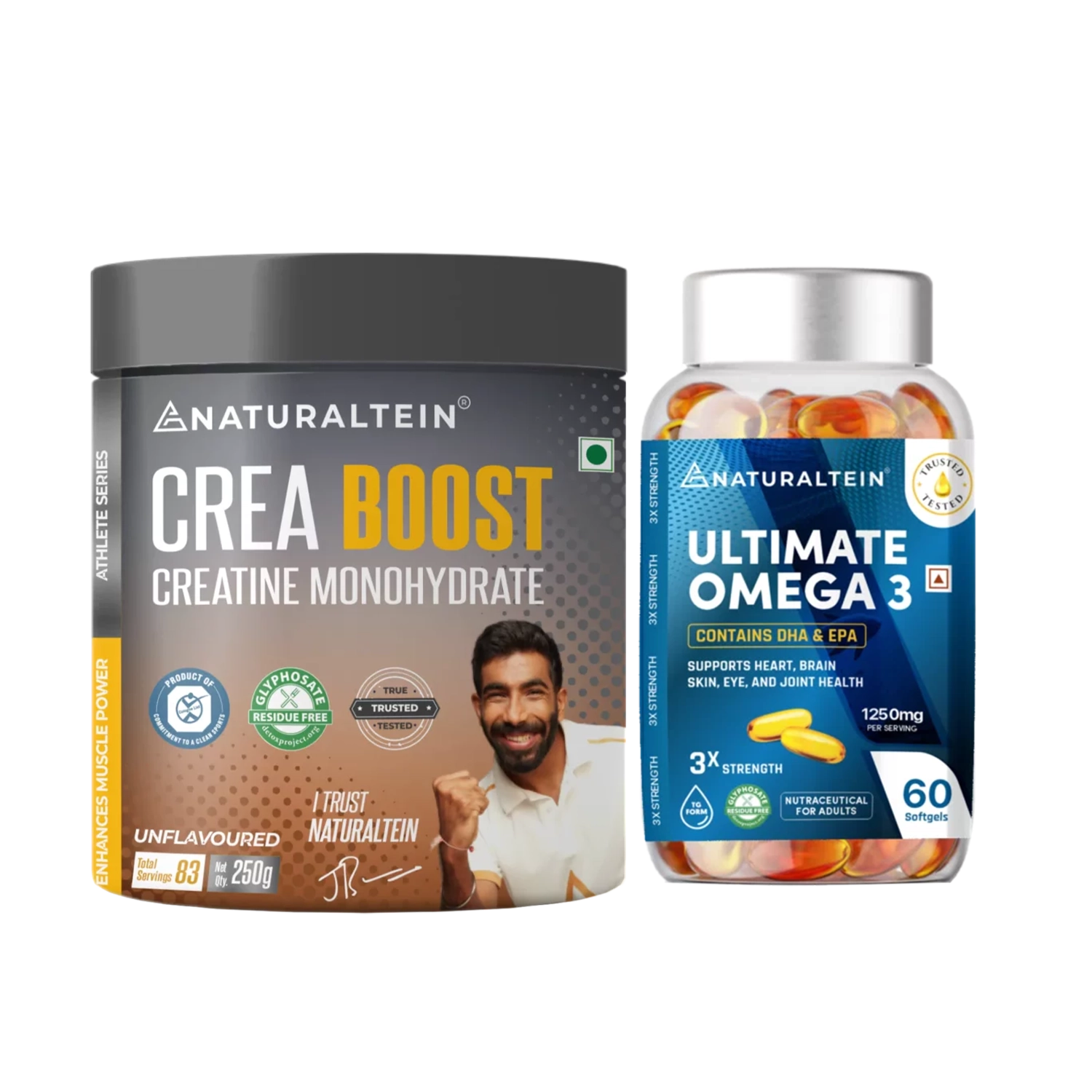 Great Value Deal – CREA BOOST Creatine Monohydrate Unflavoured (250g) + Omega 3 Triple Strength (60 Softgels)