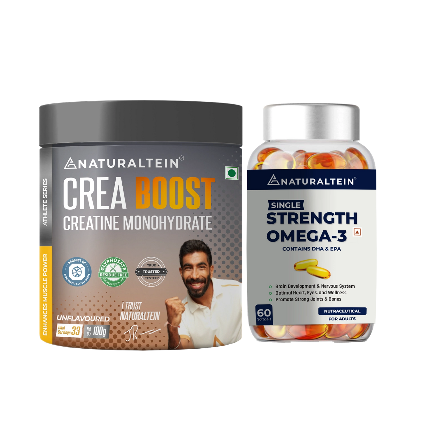 Great Value Deal – CREA BOOST Creatine Monohydrate Unflavoured (100g) + Omega 3 Single Strength (60 Softgels)