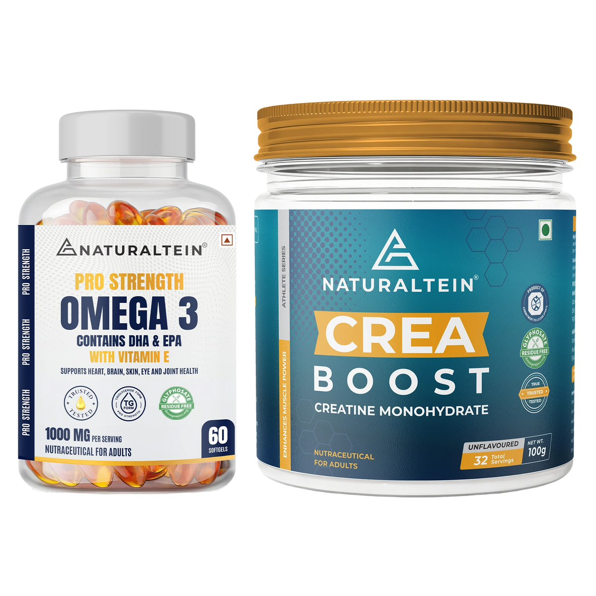 Great Value Deal – CREA BOOST Creatine Monohydrate Unflavoured (100g) + Pro Strength Omega 3 (60 Softgels)