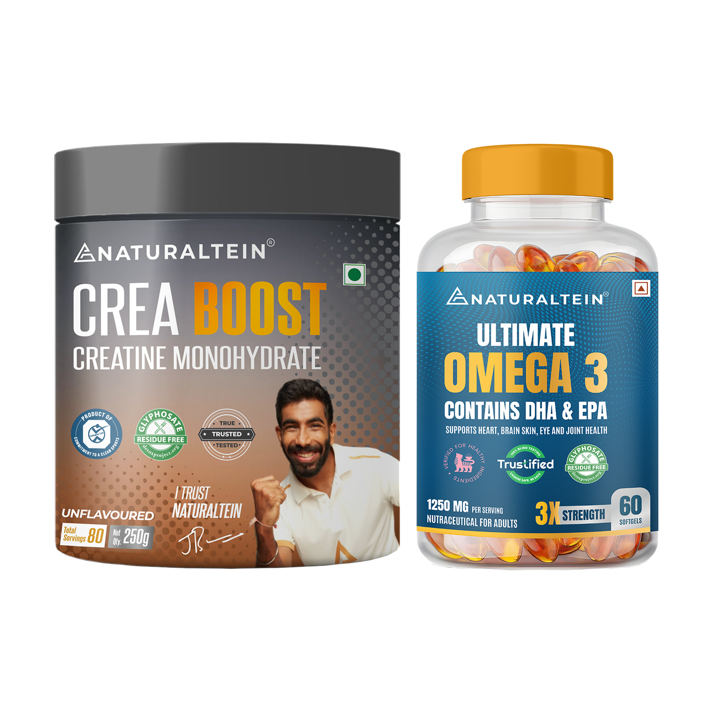 Great Value Deal – CREA BOOST Creatine Monohydrate Unflavoured (250g) + Omega 3 Triple Strength (60 Softgels)
