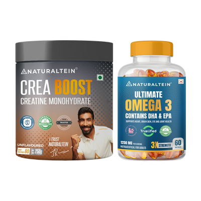 Great Value Deal – CREA BOOST Creatine Monohydrate Unflavoured (250g) + Omega 3 Triple Strength (60 Softgels)