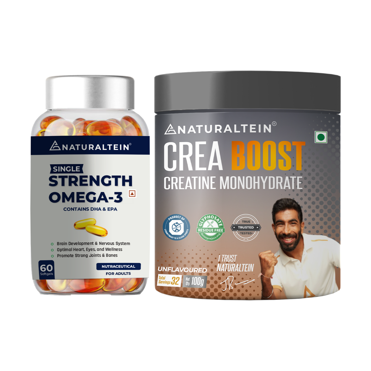 Great Value Deal – CREA BOOST Creatine Monohydrate Unflavoured (100g) + Omega 3 Single Strength (60 Softgels)