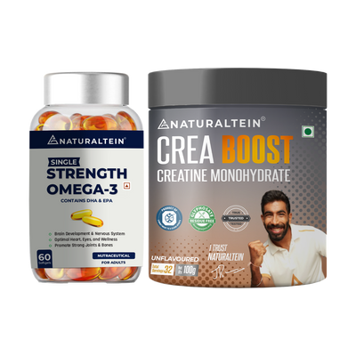 Great Value Deal – CREA BOOST Creatine Monohydrate Unflavoured (100g) + Omega 3 Single Strength (60 Softgels)