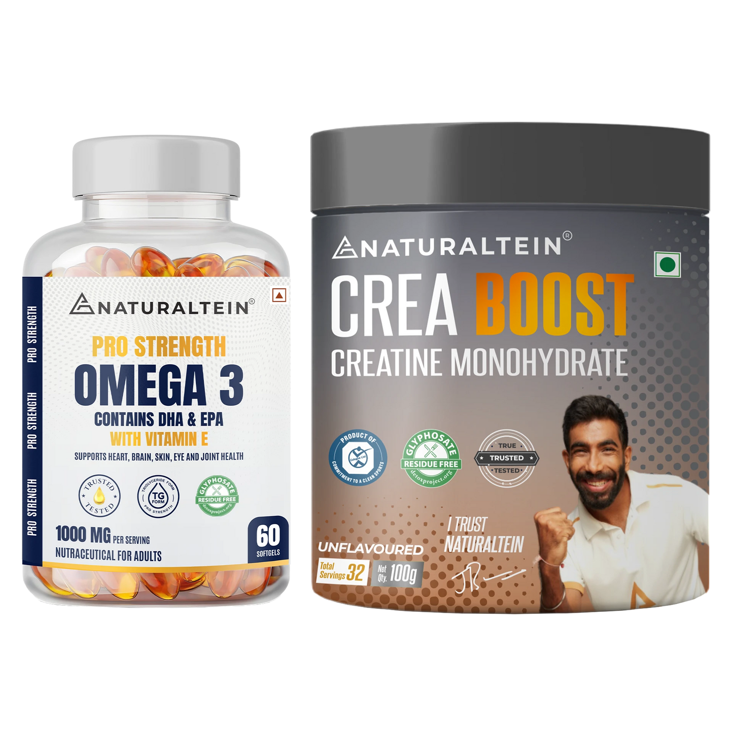 Great Value Deal – CREA BOOST Creatine Monohydrate Unflavoured (100g) + Pro Strength Omega 3 (60 Softgels)