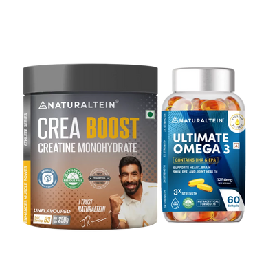 Great Value Deal – CREA BOOST Creatine Monohydrate Unflavoured (250g) + Omega 3 Triple Strength (60 Softgels)