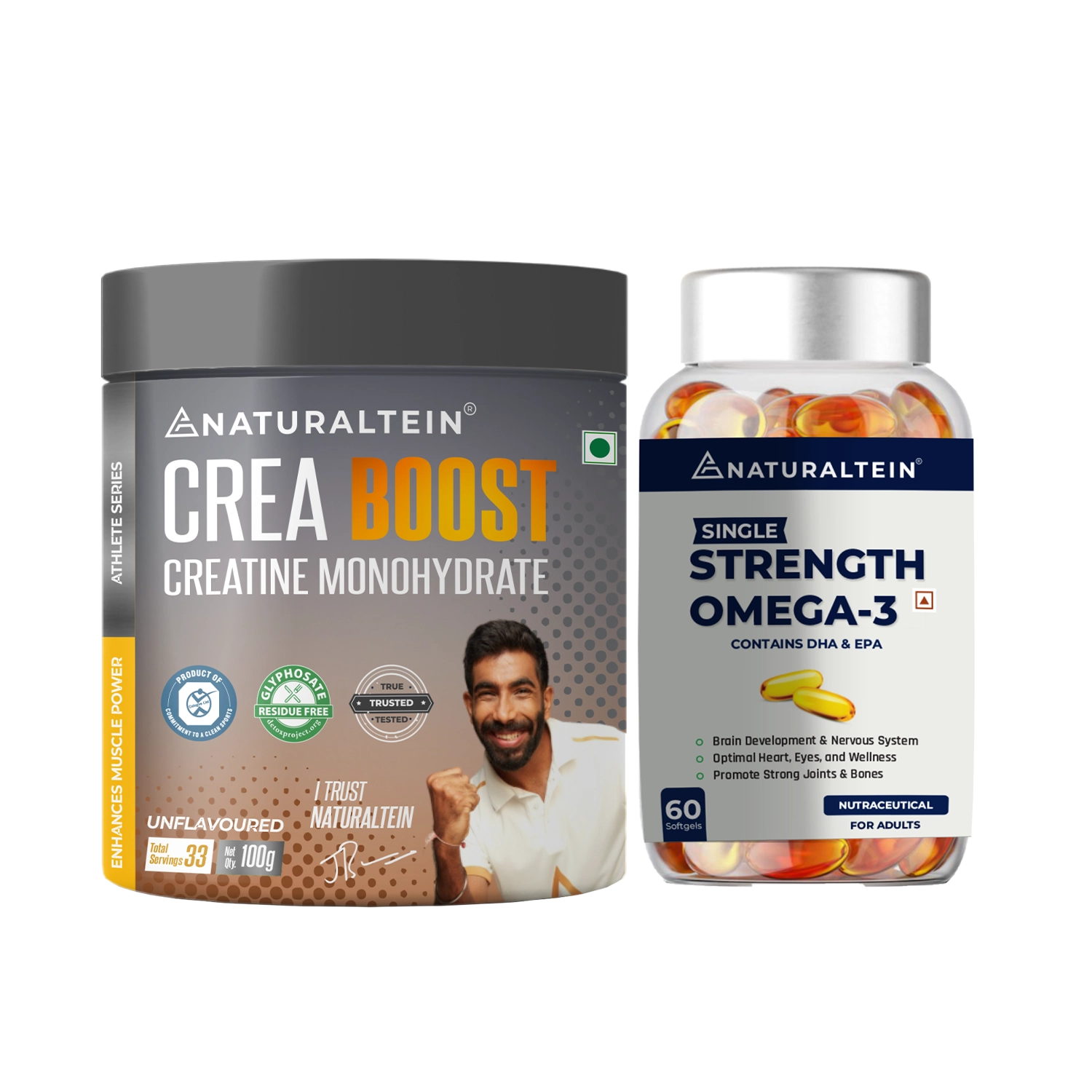 Great Value Deal – CREA BOOST Creatine Monohydrate Unflavoured (100g) + Omega 3 Single Strength (60 Softgels)