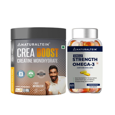 Great Value Deal – CREA BOOST Creatine Monohydrate Unflavoured (100g) + Omega 3 Single Strength (60 Softgels)
